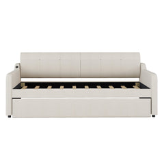 Twin Size Upholstery Daybed with Trundle and USB Charging Design Trundle can be flat or erected Beige