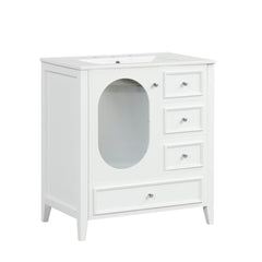 30" Bathroom Vanity with Sink, Bathroom Vanity Cabinet with Three Drawers and Door, Solid Wood and MDF, White