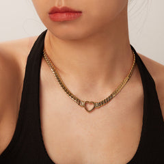 Stainless steel Cuban chain heart-shaped necklace with hollowed out flat snake chain heart pendant necklace for women