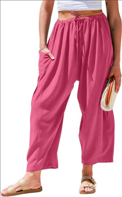 European and American women's elastic waisted pleated high waisted wide leg loose Haren cotton linen pants