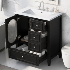 30" Bathroom Vanity with Sink, Bathroom Vanity Cabinet with Three Drawers and Door, Solid Wood and MDF, Black