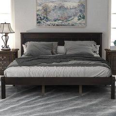 Platform Bed Frame with Headboard, Wood Slat Support  No Box Spring Needed  Queen Espresso