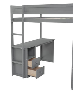 Wood Full Size Loft Bed with Wardrobes and 2-Drawer Desk with Cabinet  Gray