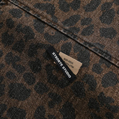 Leopard Print Denim Jacket   Style Men's Punk Spring and Autumn Loose Casual Washed Open Front Zipper Collar Outerwear