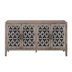 Hollow Four Door Antique Cabinet, American Country Style, Suitable for Living Room, TV Cabinet, Kitchen (Brown)