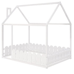 (Slats are not included) Full Size Wood Bed House Bed Frame with Fence for Kids Teens Girls Boys (White )