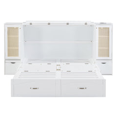 Large Murphy bed wall mounted bed with drawers, 2 storage cabinets, 1 set of sockets and USB ports, white