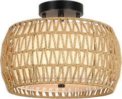 Boho Light Fixtures Ceiling Mount, Rattan Semi Flush Mount Ceiling Light, Farmhouse Light Fixtures with Fabric Shades