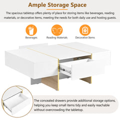 ON-TRANS 47.2 inch x 31.4 inch multifunctional rectangular sofa table with 2 drawers and gold wood grain leg center table, white