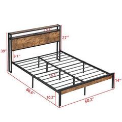 Large metal platform bed frame with wooden headboard and footboard with USB LINER and LED lights