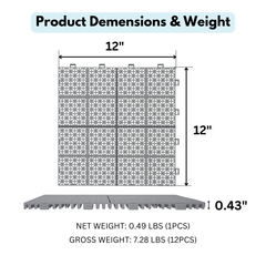 12 x 12 inch gray interlocking deck tiles, plastic waterproof, weighing up to 6613 pounds, with a rose pattern pack of 12