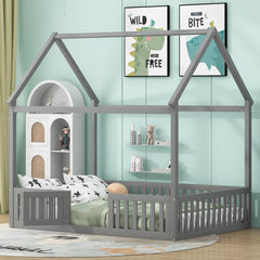 Full Size Wood House Bed with Fence and Door, Gray