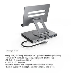 4K/60Hz Gigabit Ethernet Port USB 3.0 Splitter Hub Converter Flat Panel Rotary Stand Type-c Docking Station