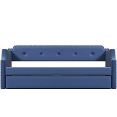 Upholstered Daybed with Trundle, Wood Slat Support,Upholstered Frame Sofa Bed Twin Blue
