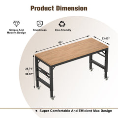 60 inch adjustable garage workbench, rubber wood heavy-duty workstation with power socket and wheels, 2000 pound load capacity