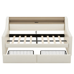 Twin Size Daybed with Storage Drawers, Upholstered Daybed with Charging Station and LED Lights, Beige