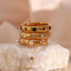 18K Gold Plated Green Zircon Pearl Rings For Women Waterproof Hypoallergenic Dainty Gold Ring Stainless Steel Jewelry