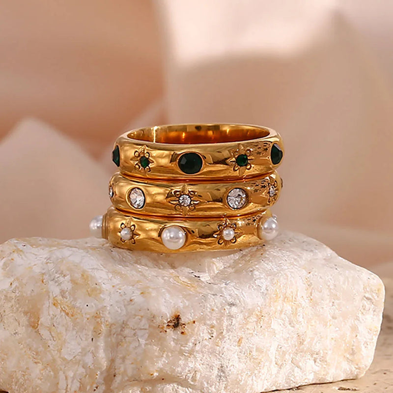18K Gold Plated Green Zircon Pearl Rings For Women Waterproof Hypoallergenic Dainty Gold Ring Stainless Steel Jewelry