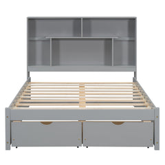 Full Size Platform Bed with Storage Headboard and 2 Drawers, Gray