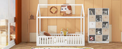 Twin Size Wood House Bed with Fence and Door, White