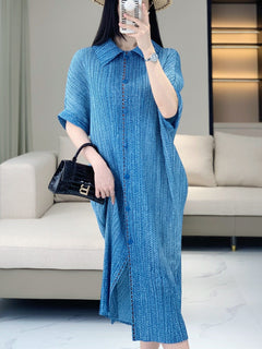 Casual loose dress women's summer solid color trend lapel button short sleeved pleated mid length skirt