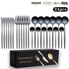 Cutlery Set Stainless Steel Knife Fork Set 24-Piece Tableware Set Golden Steak Knife Fork Spoon 6-Person Set