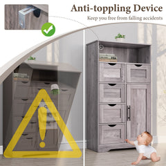 5 Drawers Storage Cabinet with Adjustable Shelves, Bathroom Cabinet with Doors, Floor Cabinet for Living Room Grey