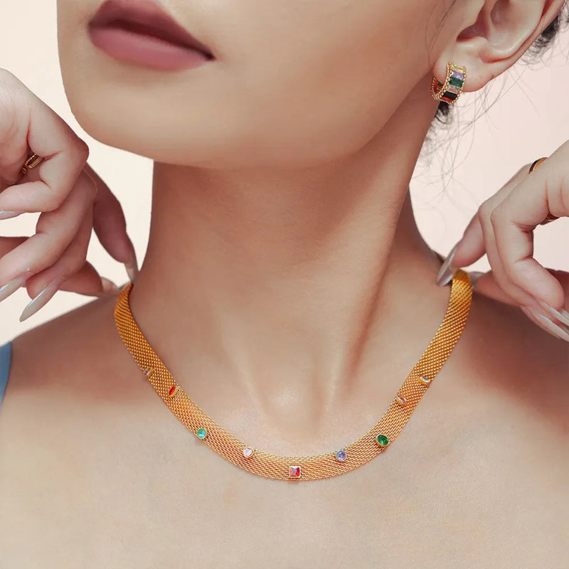Geometric Colorful Zircon Necklace Titanium Steel PVD Plated Non Fading Jewelry