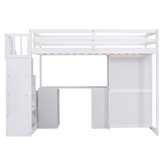 Twin Size Loft Bed with Wardrobe and Staircase, Desk and Storage Drawers and Cabinet in 1  White