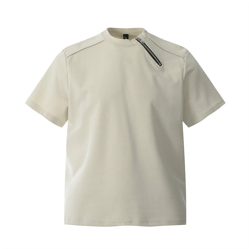 Zipper Design Heavyweight Short Sleeve T-Shirt Men's Loose Round Neck Half Sleeve Tee