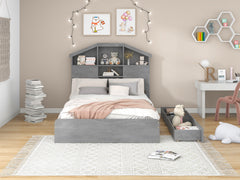 Full Size Wood Platform Bed with House-shaped Storage Headboard and 2 Drawers Gray