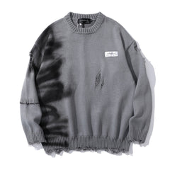 Graffiti Print Crew Neck Knit Sweater Men's Loose Fit Pullover with Hem Holes Street Style Trendy Design