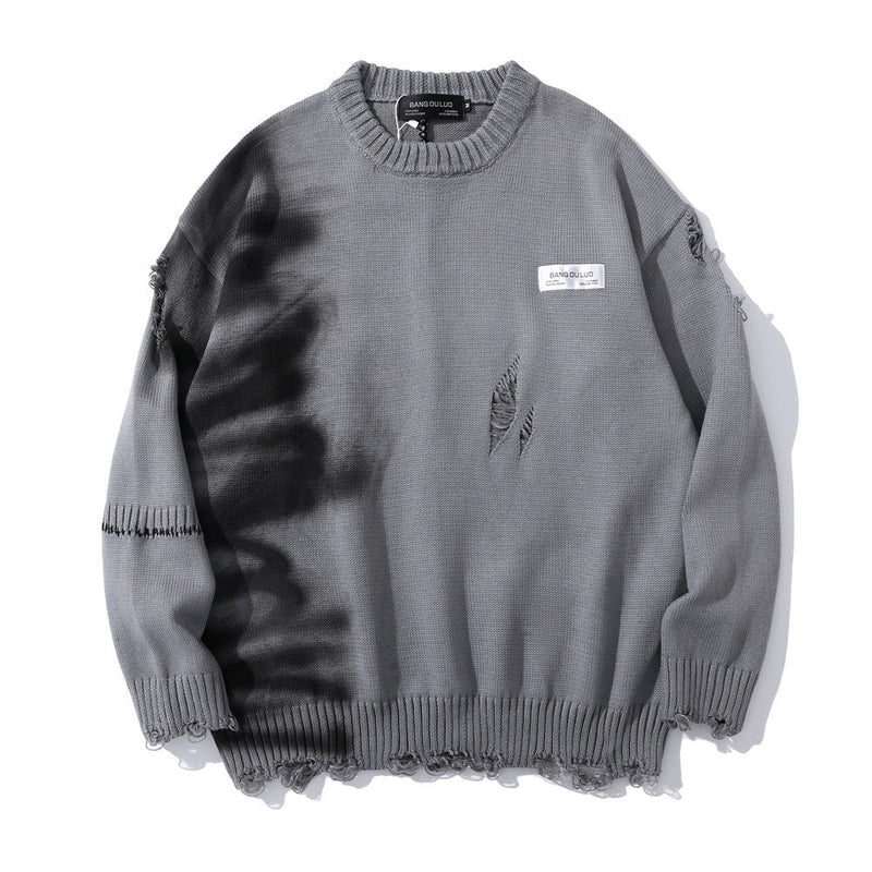 Graffiti Print Crew Neck Knit Sweater Men's Loose Fit Pullover with Hem Holes Street Style Trendy Design