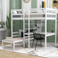 Convertible Loft Bed with L-Shape Desk, Twin Bunk Bed with Shelves and Ladder White