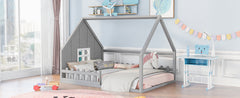 Full Size Wood House Bed with Window and Fence  Gray