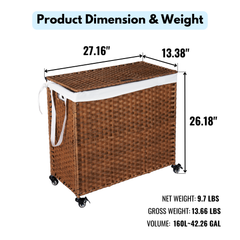 Laundry Hamper With Lid PE Rattan Powder Coating Frame Clothes Hampers with 02 Removable Bags, Wheels, 160L, Brown Color