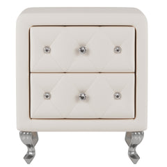 Elegant PU bedside table with 2 drawers and crystal handles, storage with metal legs - white