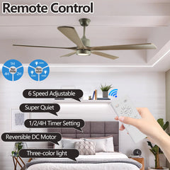 60 "modern wooden ceiling fan with lighting and remote control, 6-speed noiseless reversible DC motor ceiling fan