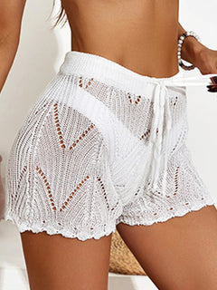 Hook flower hollowed out beach shorts with drawstring