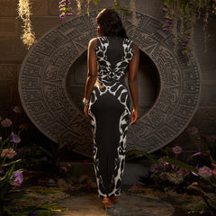 Summer Printed Leopard Pattern Hollow-out Sleeveless Waist-cinched Sexy Dress