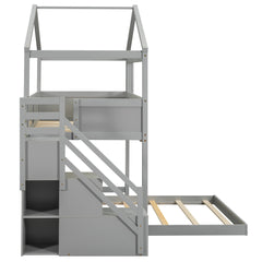 Twin over Full House Bunk Bed with Storage Staircase and Blackboard Gray