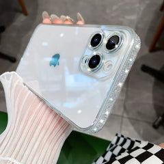 Sparkling pink border phone case transparent and suitable for Apple 14proMax creative mirror 13 glass protective case