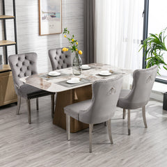 High end tufted solid wood velvet soft cushion dining chair chrome plated leg nail decoration gray and chrome two-piece set