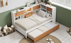 L-shaped bed frame with luggage and bookshelf, corner bed wooden captain's bed LED tube light and USB port walnut and white