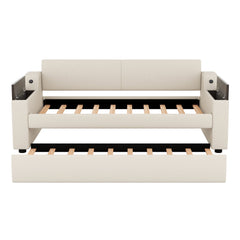 Twin Size Upholstery Daybed with Storage Arms  Trundle and USB Design Beige