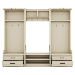 Four in one detachable hall tree with drawers and cabinets, 7 hooks, multifunctional corridor hangers, antique beige shoe stools