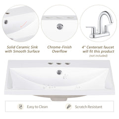 24" White Modern Sleek Bathroom Vanity Elegant Ceramic Sink with Solid Wood Frame Open Style Shelf