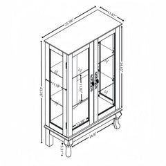 Dual door Curio cabinet with tempered glass doors, mirrored back panel and adjustable shelves, home lighting display cabinet Oak