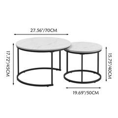 A set of nested 27.6-inch circular coffee tables with a wooden marble patterned tabletop and a sturdy metal frame (white)