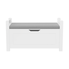 A white rubber wood children's toy box with soft cushioned seats, stools, flip covers, and safety hinges for toy storage